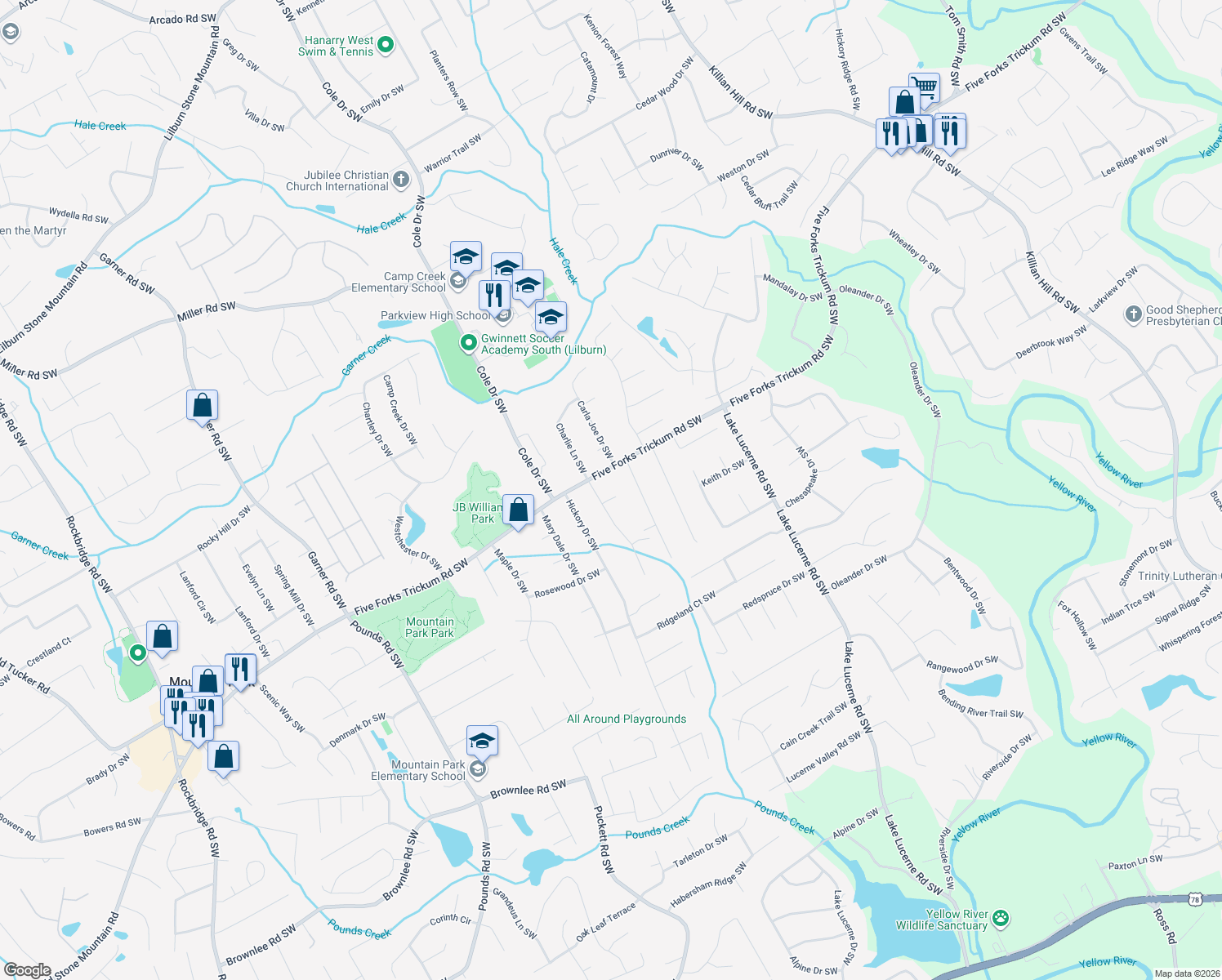 map of restaurants, bars, coffee shops, grocery stores, and more near 4713 Midway Ct SW in Lilburn