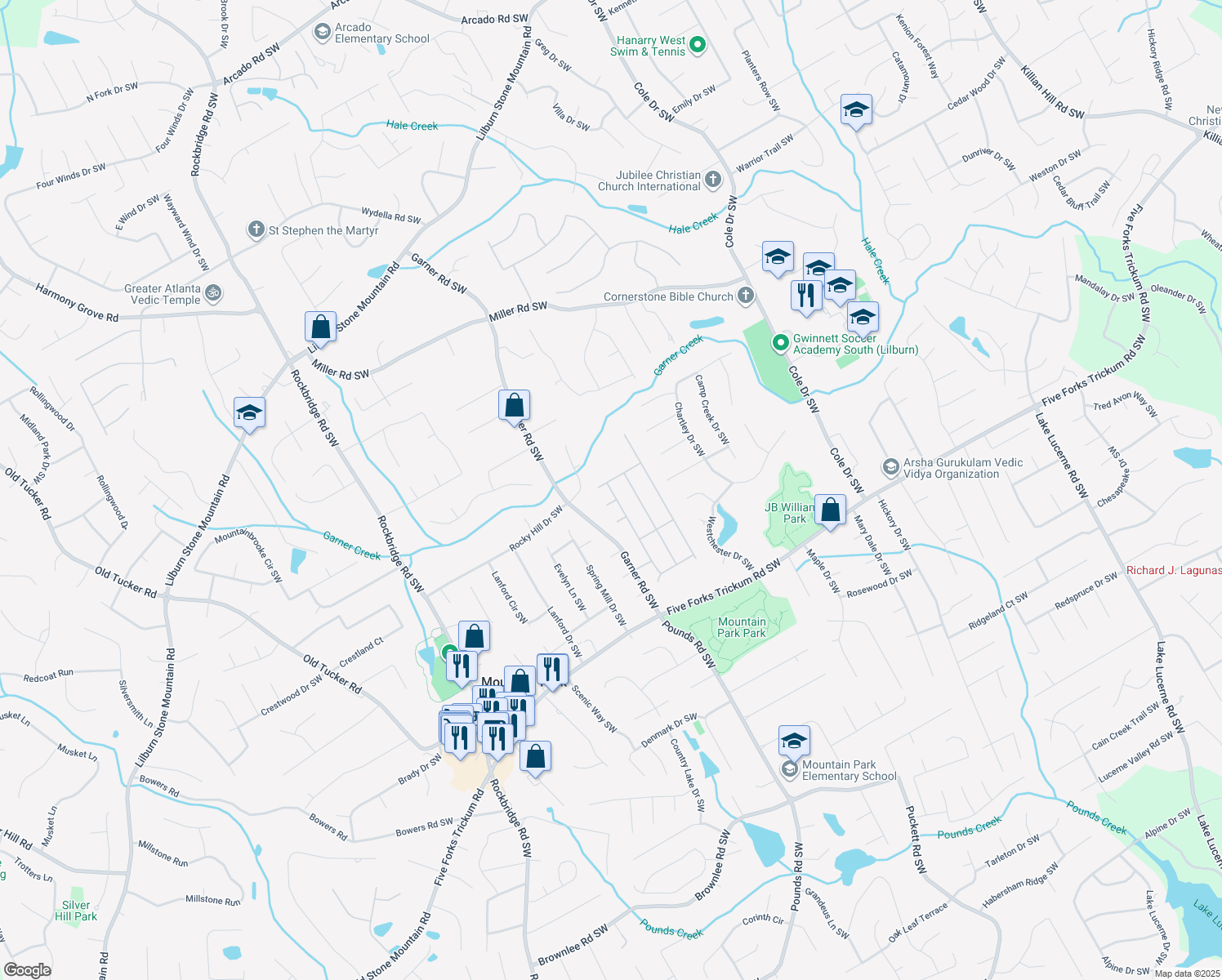 map of restaurants, bars, coffee shops, grocery stores, and more near 1025 Morgan Garner Drive in Lilburn