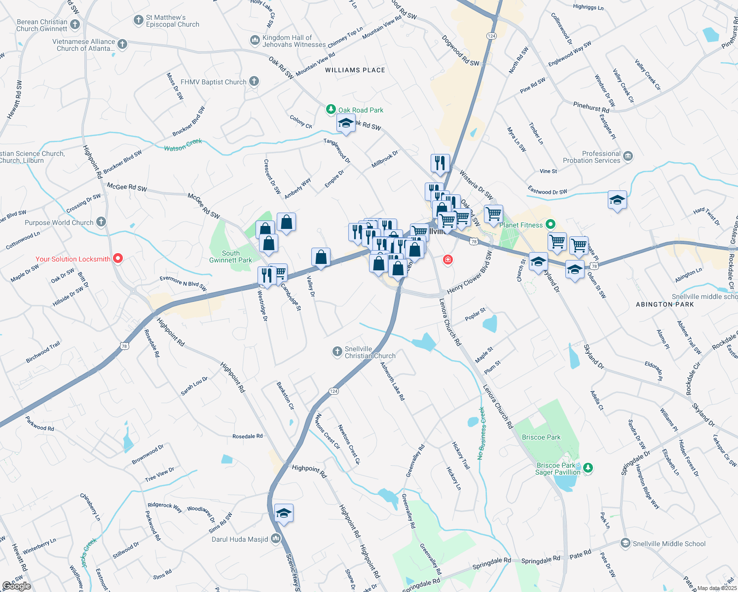 map of restaurants, bars, coffee shops, grocery stores, and more near 2729 Lanier Drive in Snellville