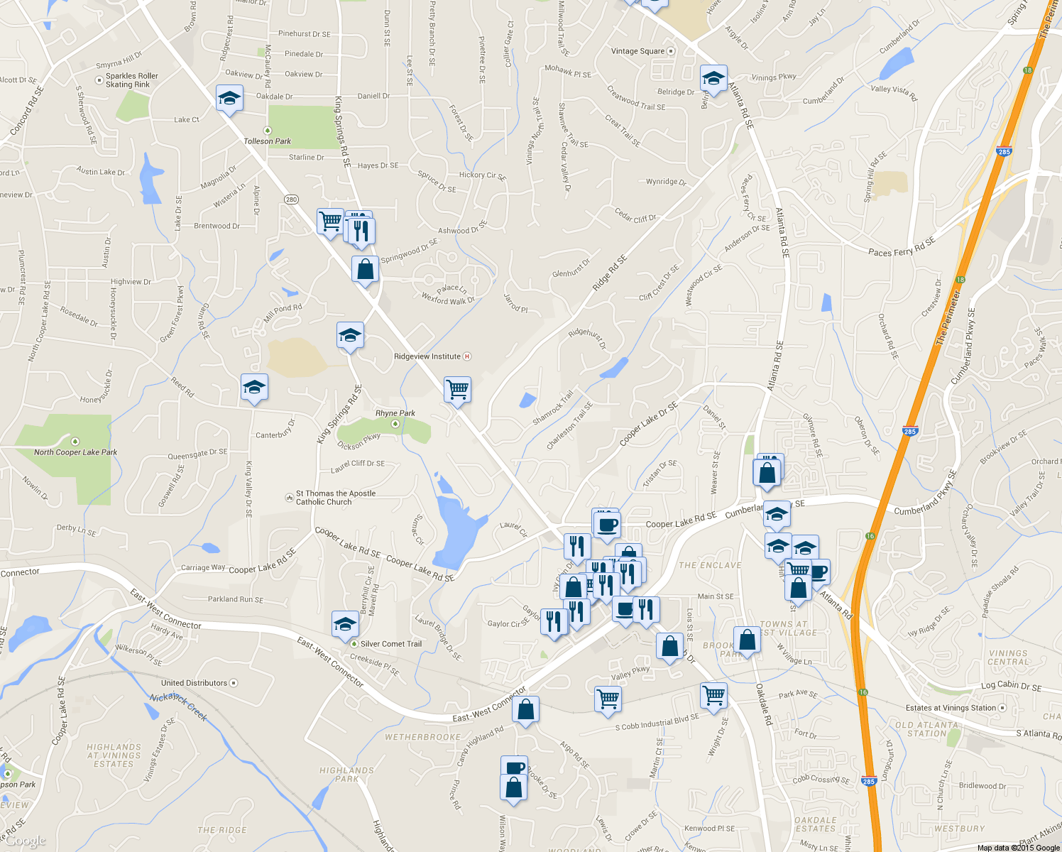 map of restaurants, bars, coffee shops, grocery stores, and more near 1610 Shamrock Trail in Smyrna