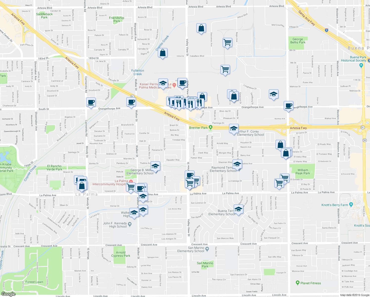 map of restaurants, bars, coffee shops, grocery stores, and more near 7521 Miller Street in Buena Park