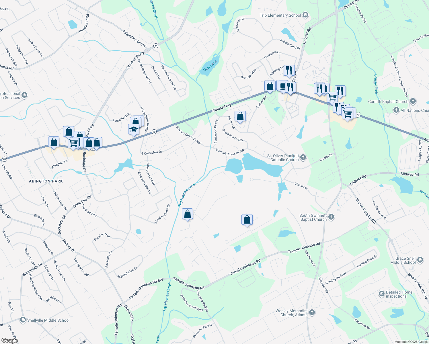 map of restaurants, bars, coffee shops, grocery stores, and more near 1525 Timberline Trce in Snellville