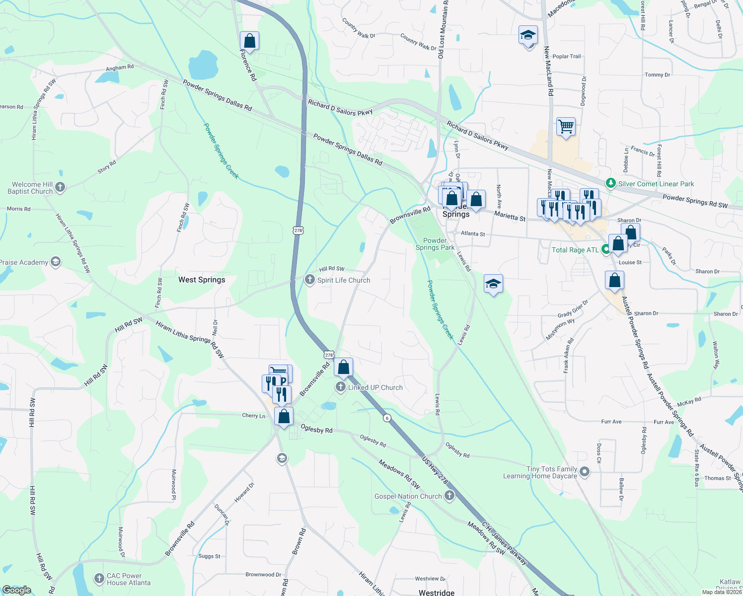 map of restaurants, bars, coffee shops, grocery stores, and more near 4671 Woodbridge Dr in Powder Springs