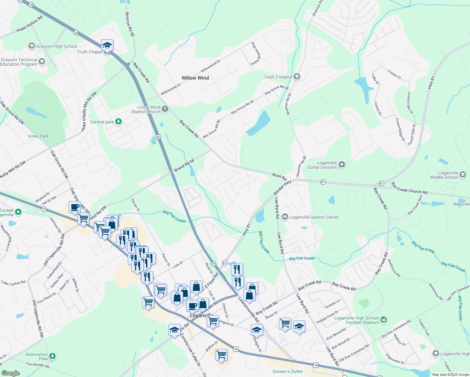 map of restaurants, bars, coffee shops, grocery stores, and more near 211 Misty Grove Drive Southeast in Loganville