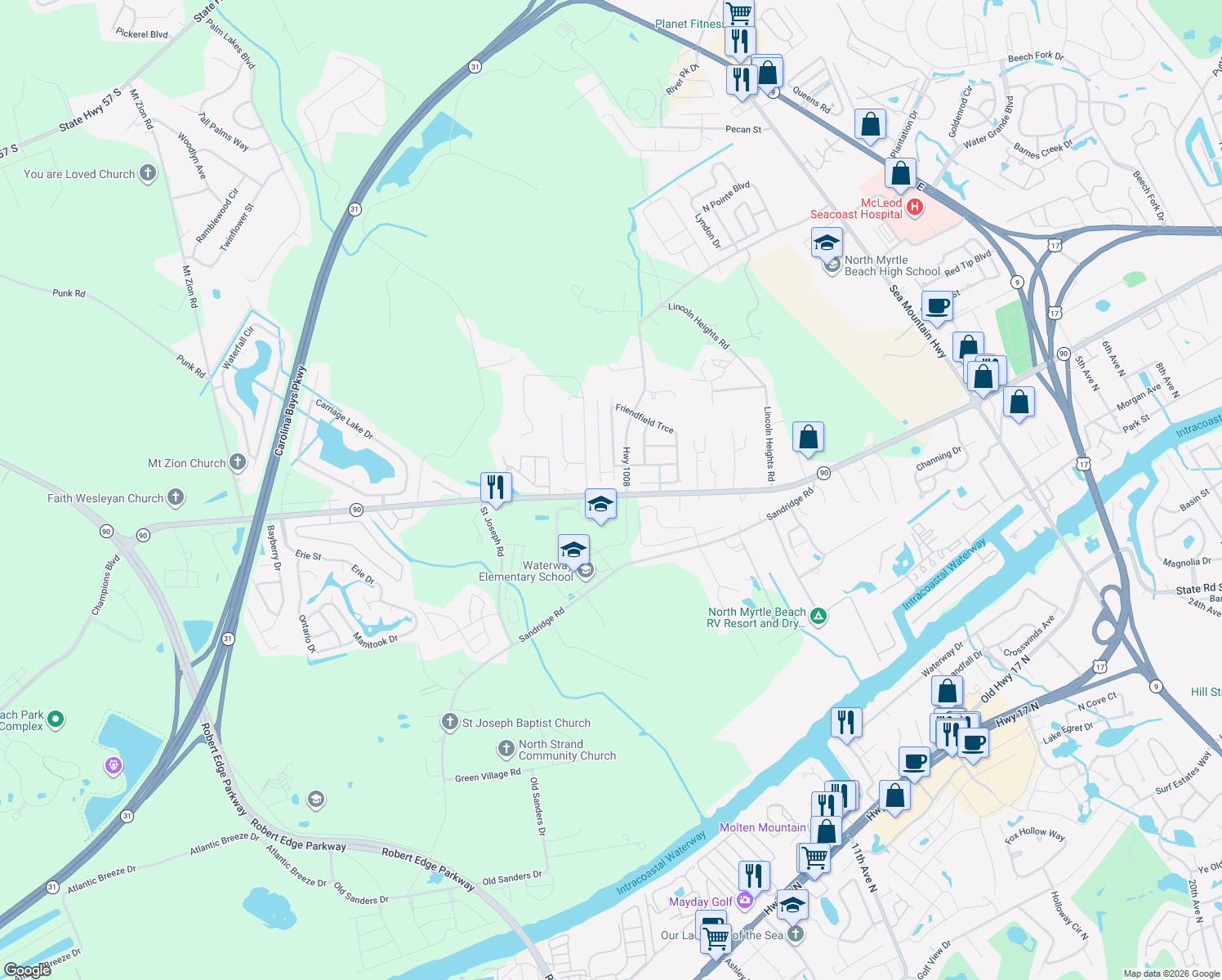 map of restaurants, bars, coffee shops, grocery stores, and more near 4302 Arabella Way in Little River