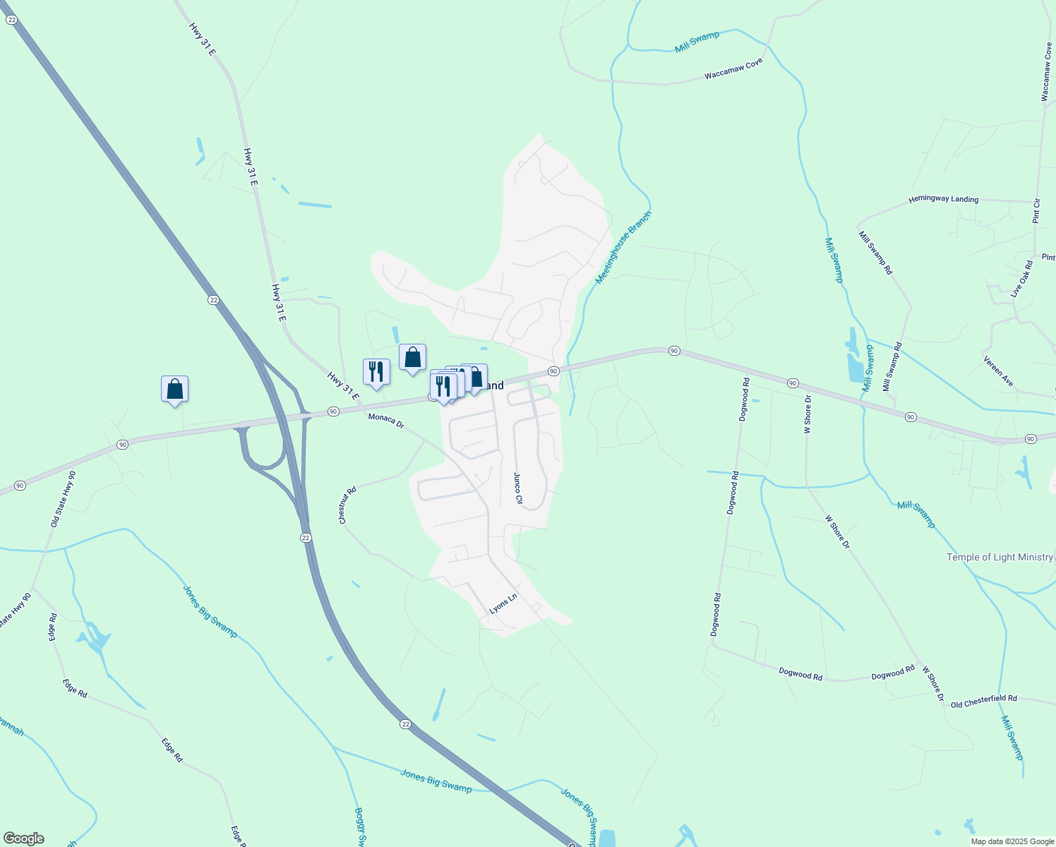 map of restaurants, bars, coffee shops, grocery stores, and more near 109 Junco Circle in Longs