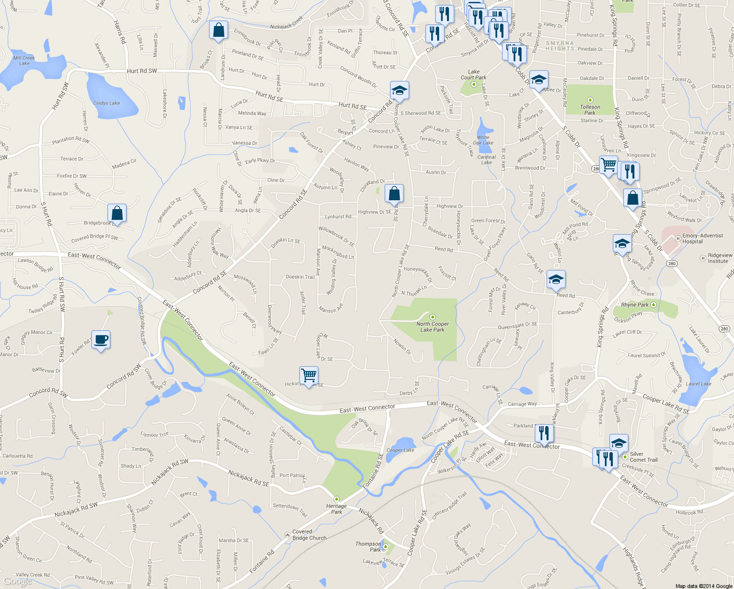 map of restaurants, bars, coffee shops, grocery stores, and more near 465 Willowbrook Drive Southeast in Smyrna