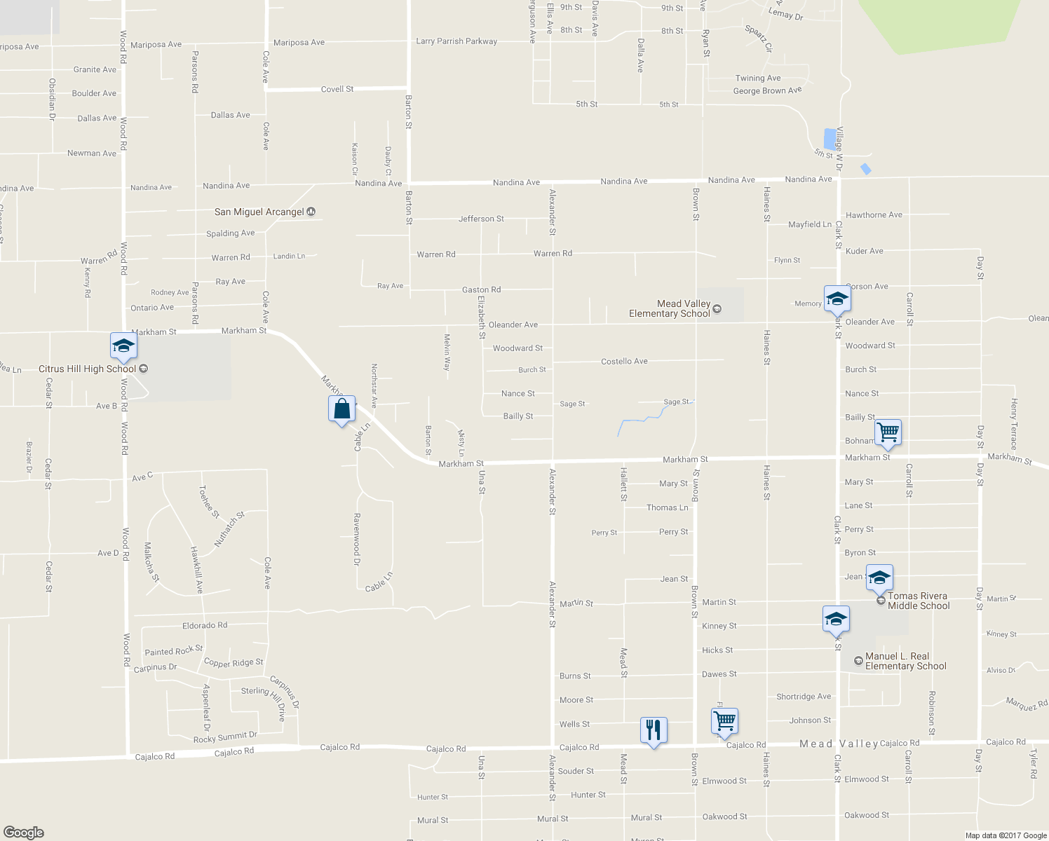 map of restaurants, bars, coffee shops, grocery stores, and more near 20399 Bailly Street in Perris