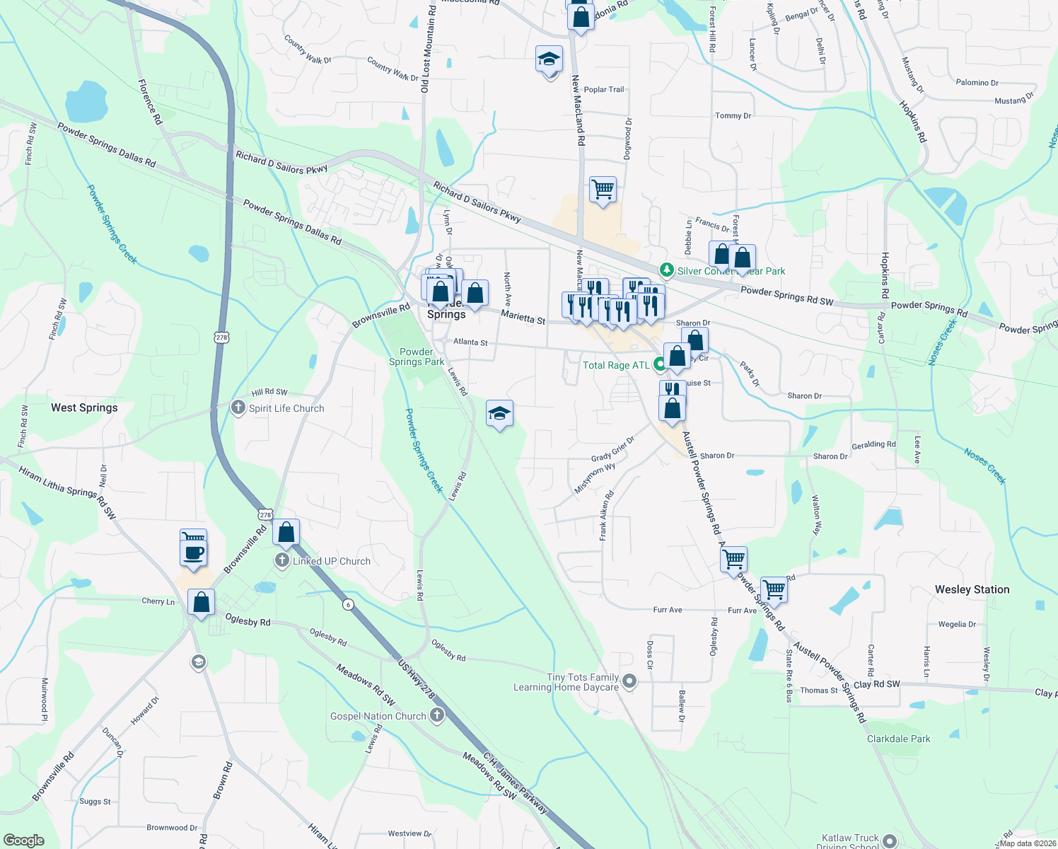 map of restaurants, bars, coffee shops, grocery stores, and more near 4186 New Towne Dr in Powder Springs