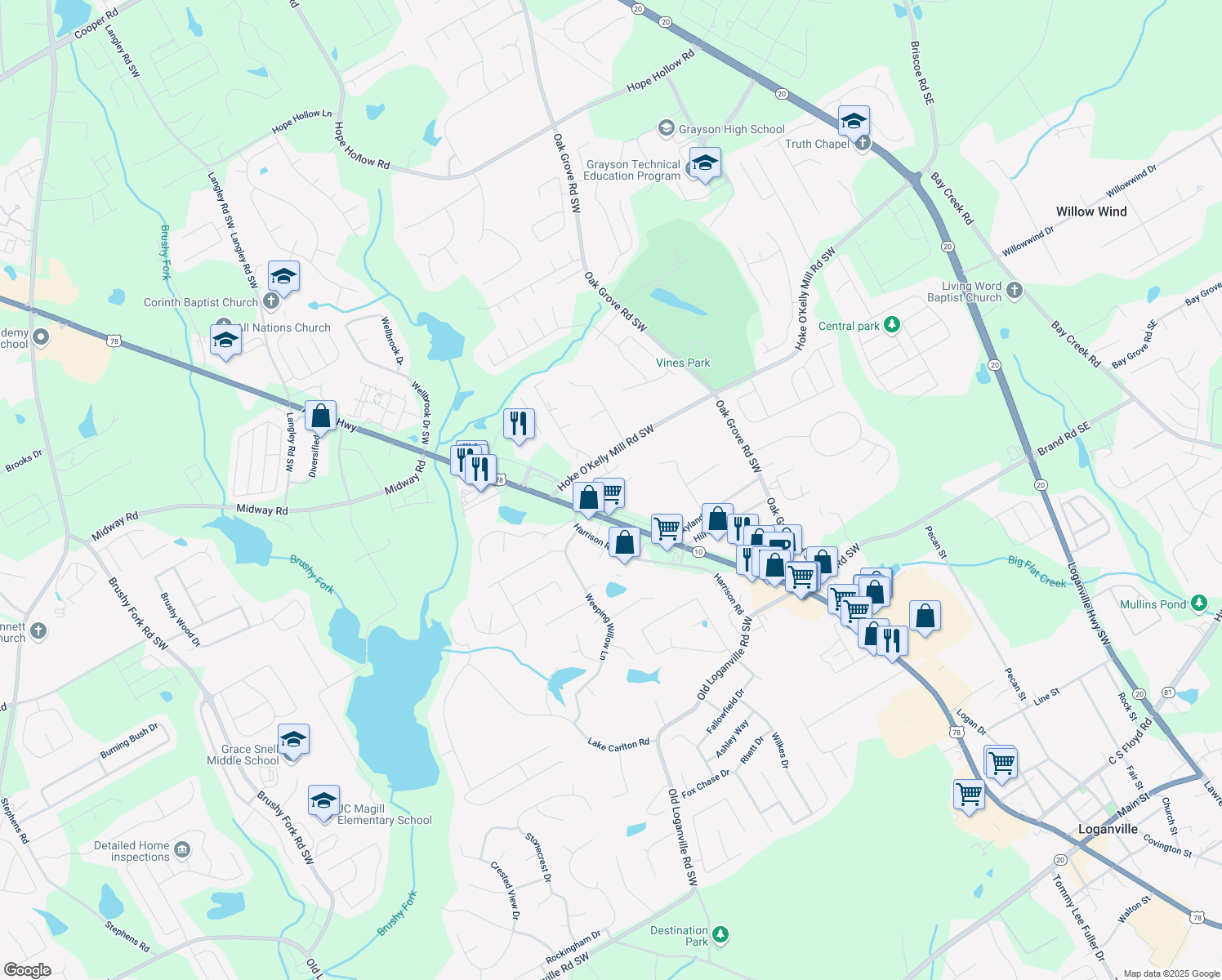 map of restaurants, bars, coffee shops, grocery stores, and more near 678 Sweet Ashley Way in Loganville