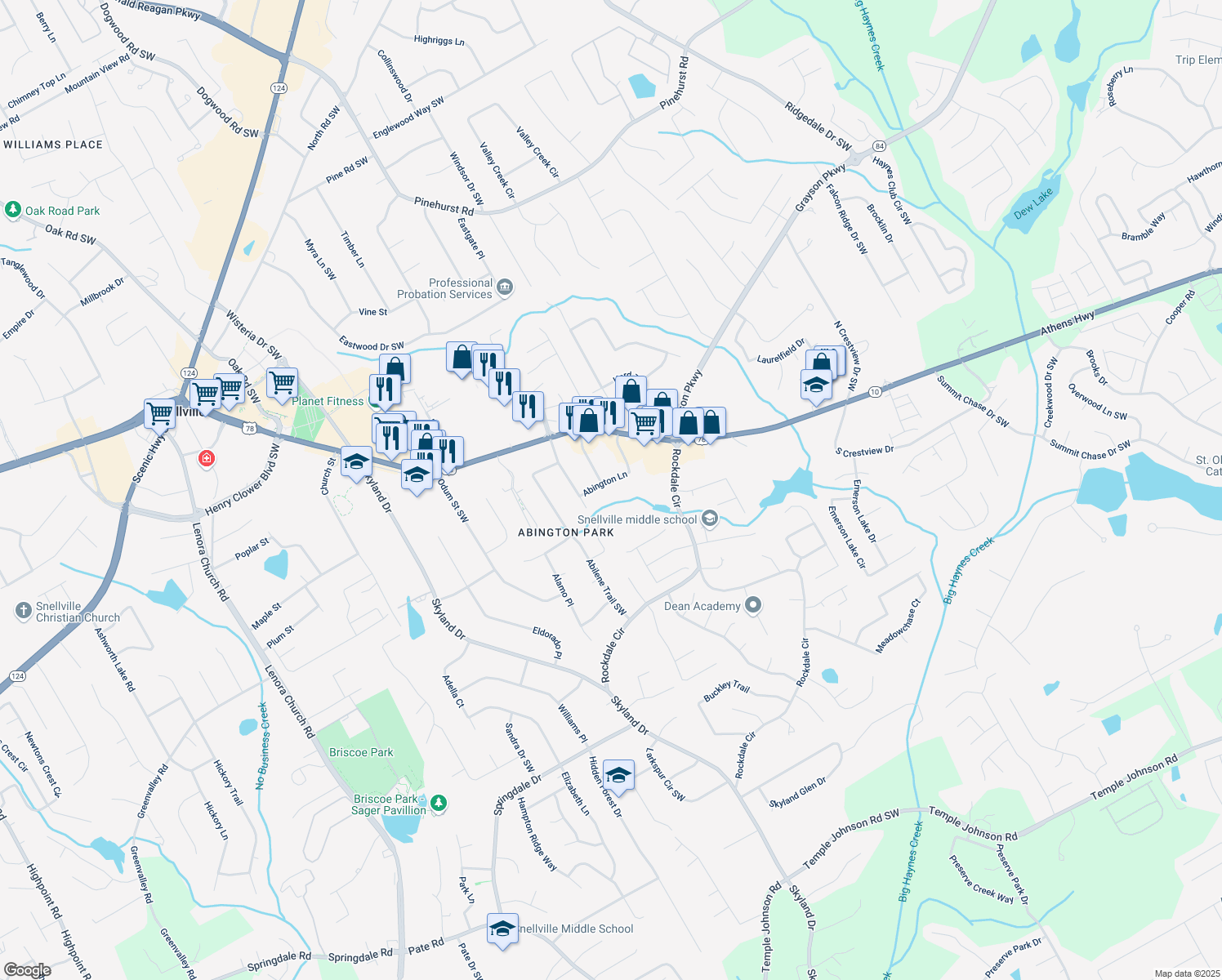 map of restaurants, bars, coffee shops, grocery stores, and more near 2050 Abington Lane in Snellville