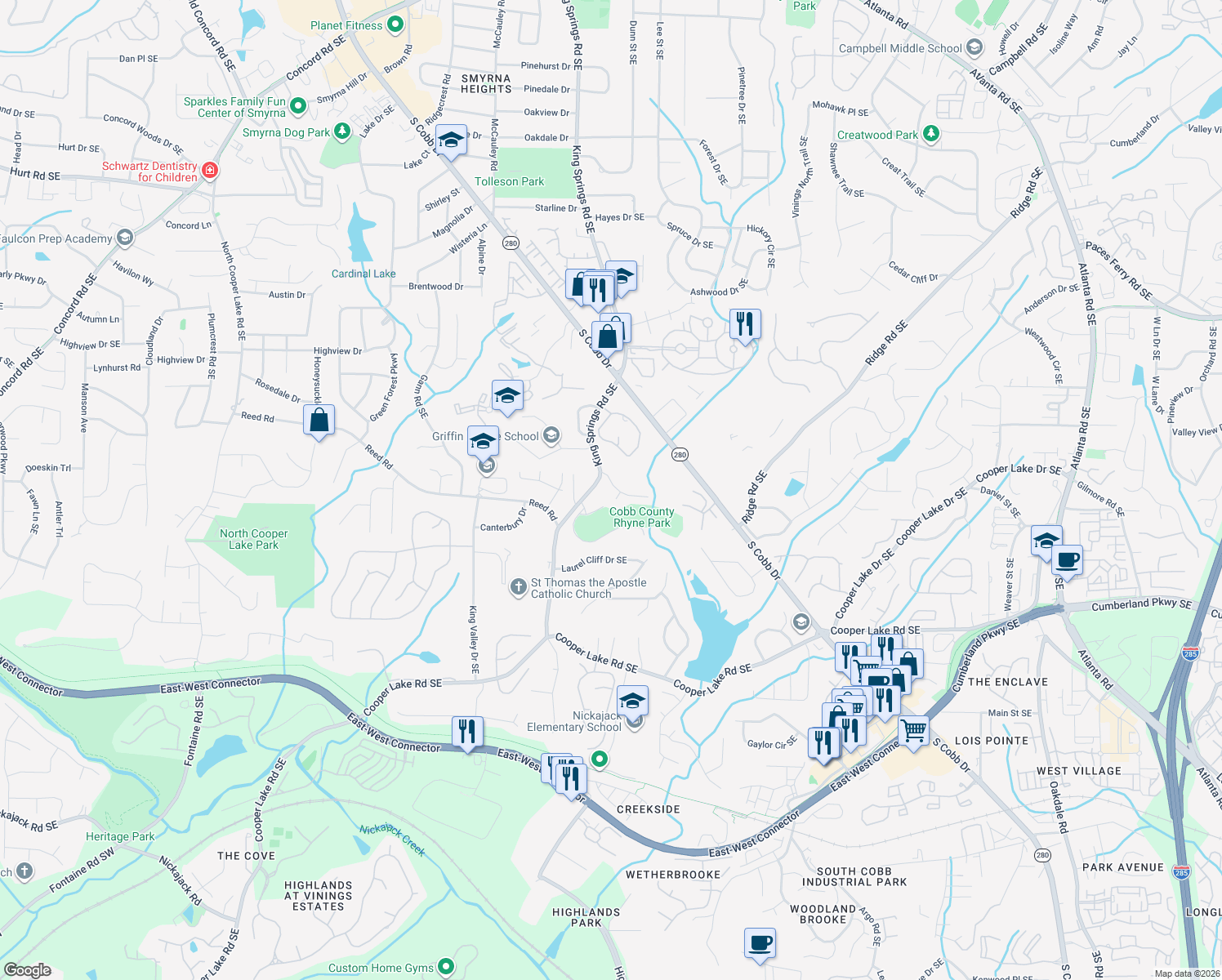 map of restaurants, bars, coffee shops, grocery stores, and more near 1171 Rhyne Chase in Smyrna