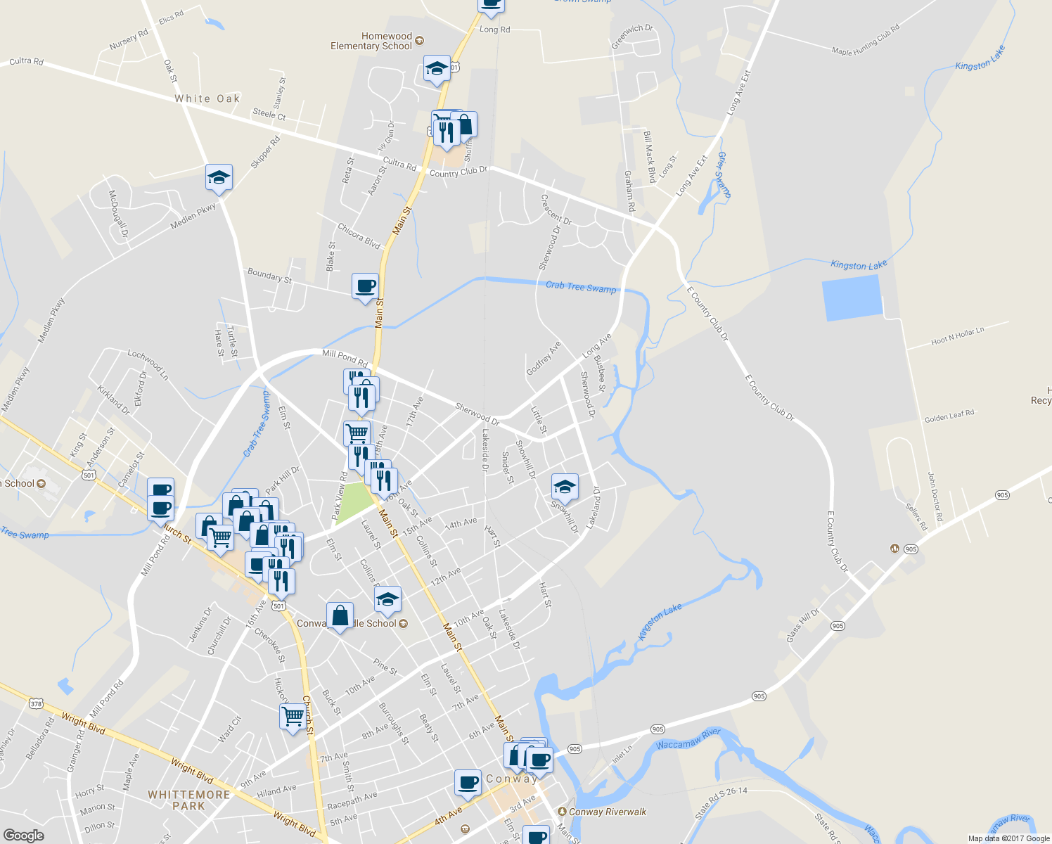 map of restaurants, bars, coffee shops, grocery stores, and more near 218 Busbee Street in Conway