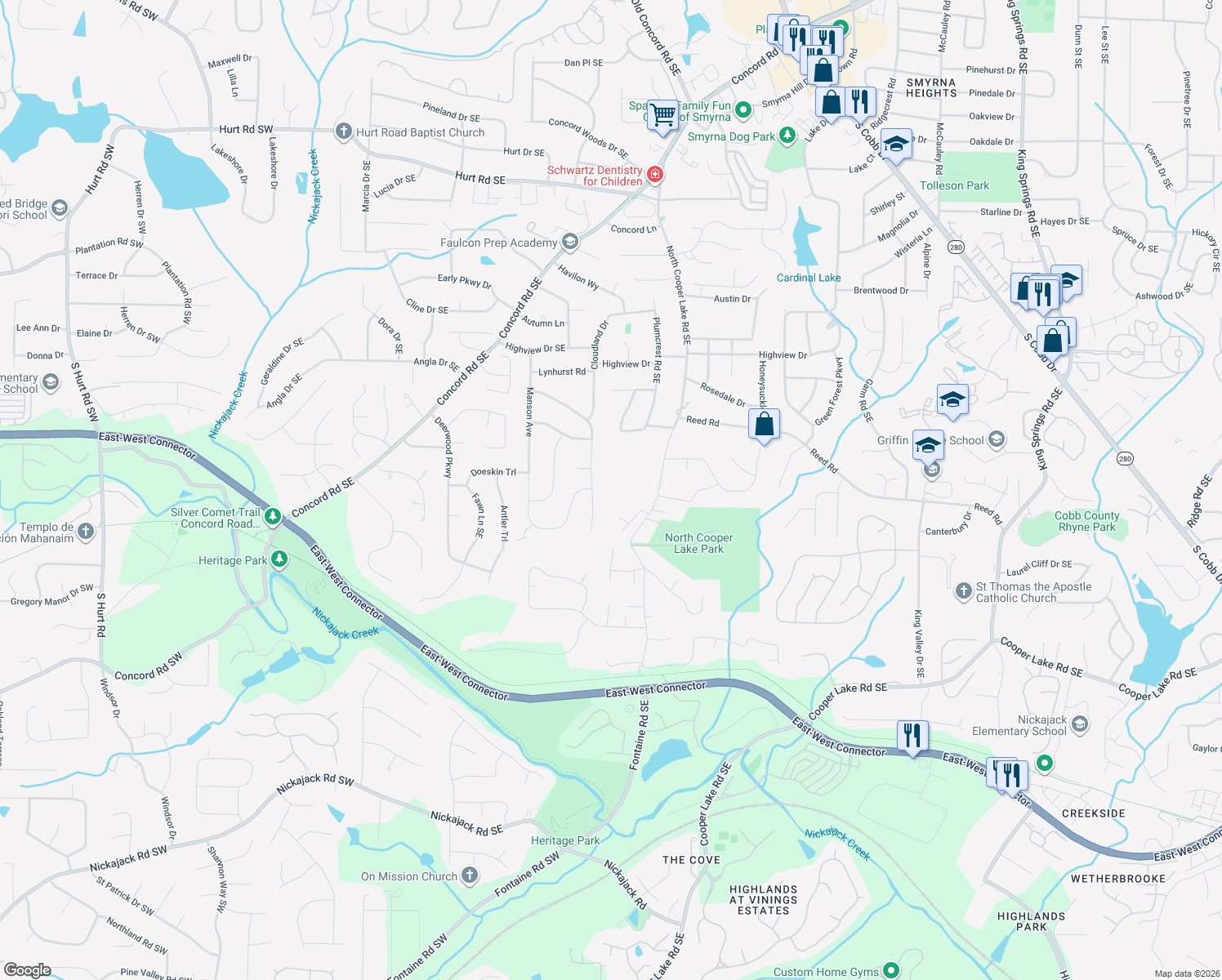 map of restaurants, bars, coffee shops, grocery stores, and more near 459 Willowbrook Dr SE in Smyrna