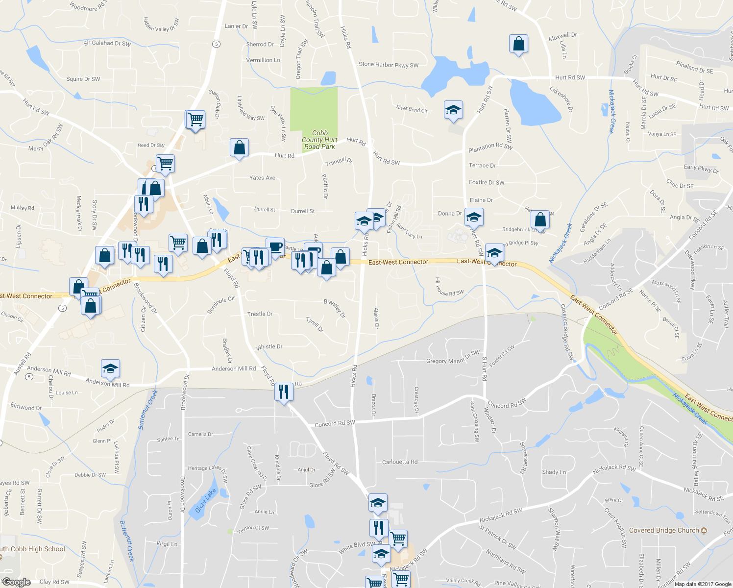map of restaurants, bars, coffee shops, grocery stores, and more near 4115 Hicks Road in Austell