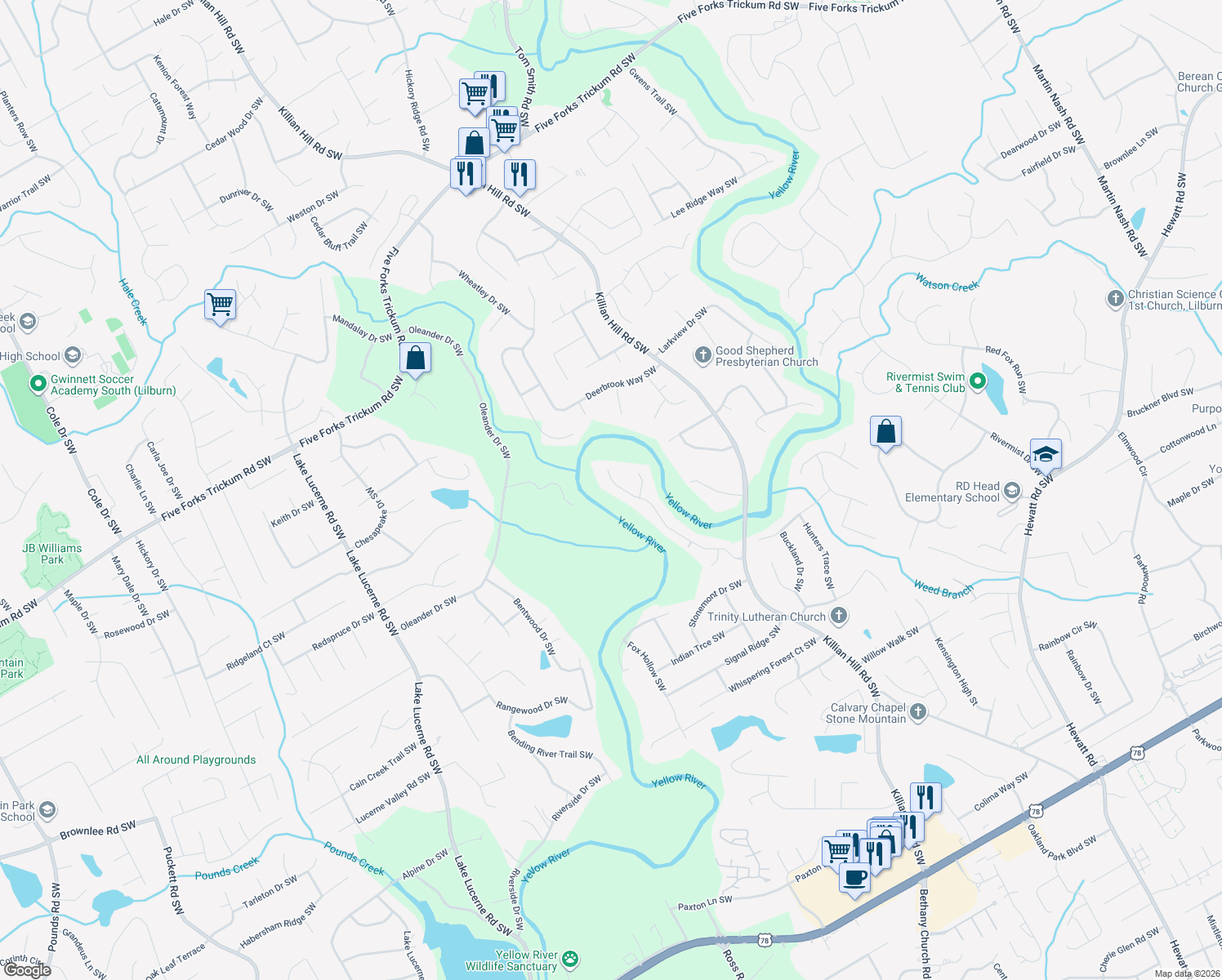 map of restaurants, bars, coffee shops, grocery stores, and more near 4150 Runnymede Drive Southwest in Lilburn