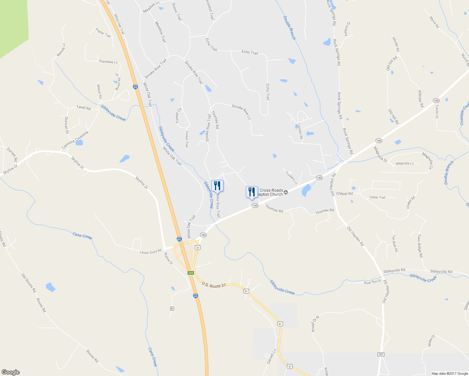 map of restaurants, bars, coffee shops, grocery stores, and more near 113 Sugar Maple Lane in Warrior