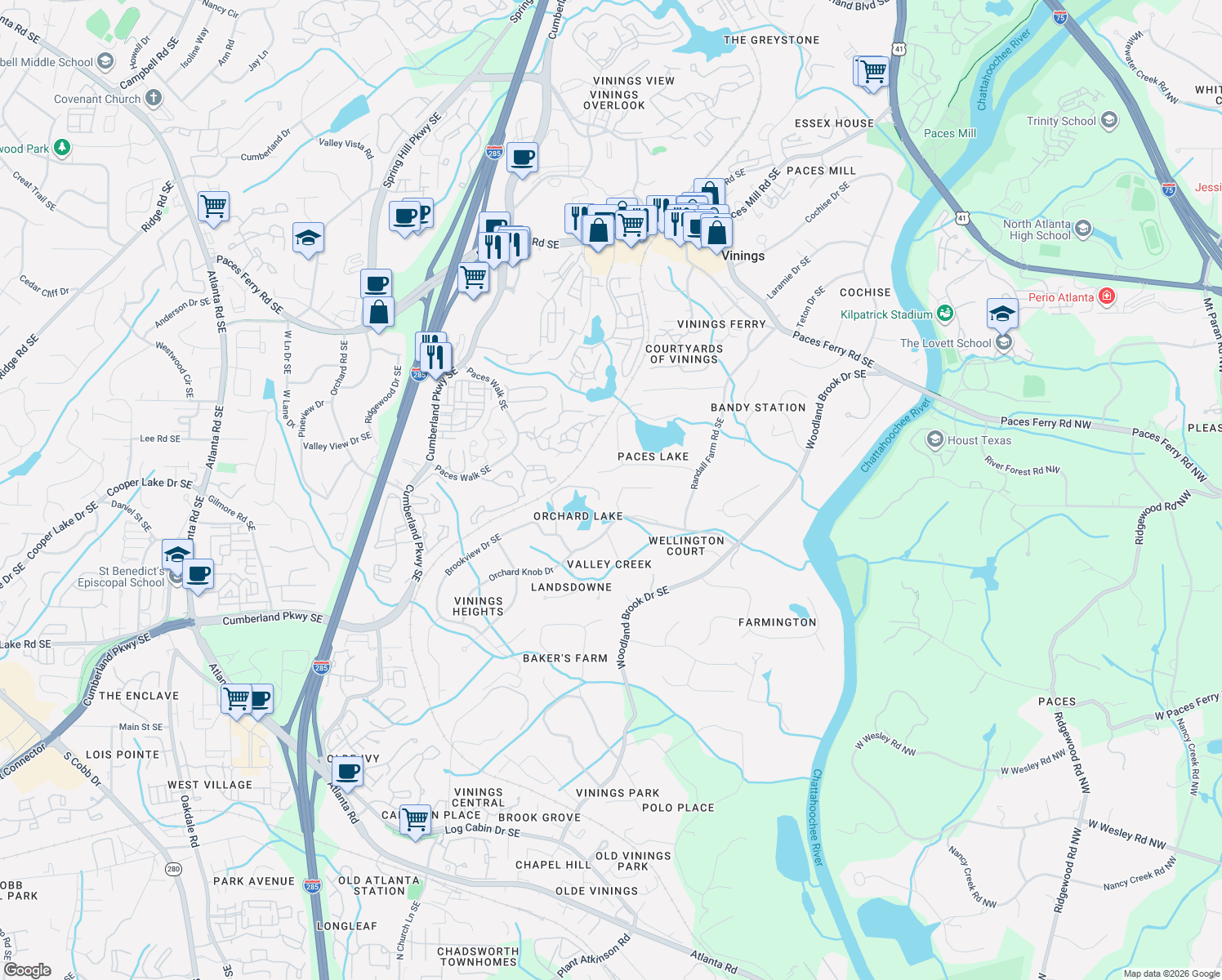 map of restaurants, bars, coffee shops, grocery stores, and more near in Vinings