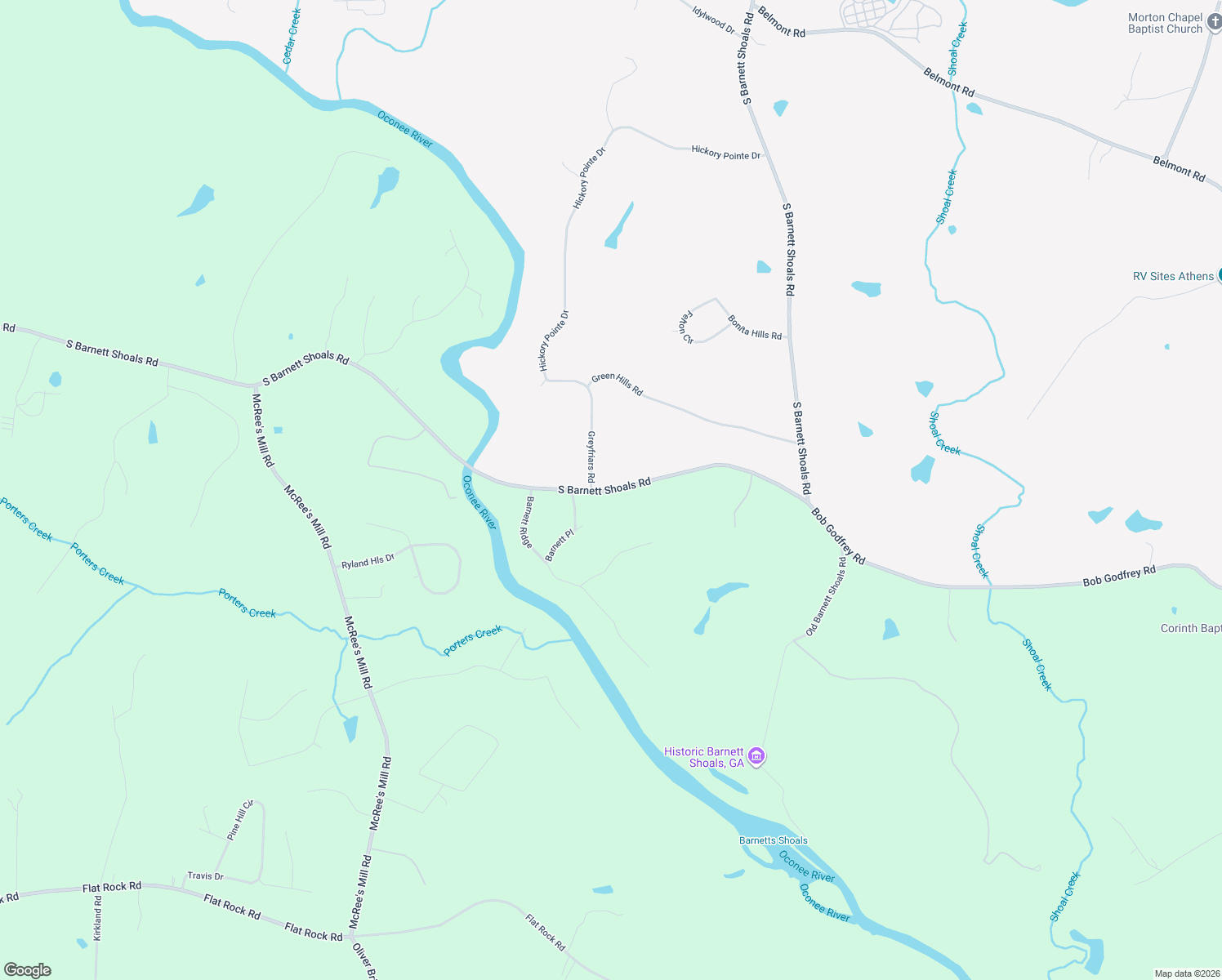 map of restaurants, bars, coffee shops, grocery stores, and more near 3857 South Barnett Shoals Road in Athens