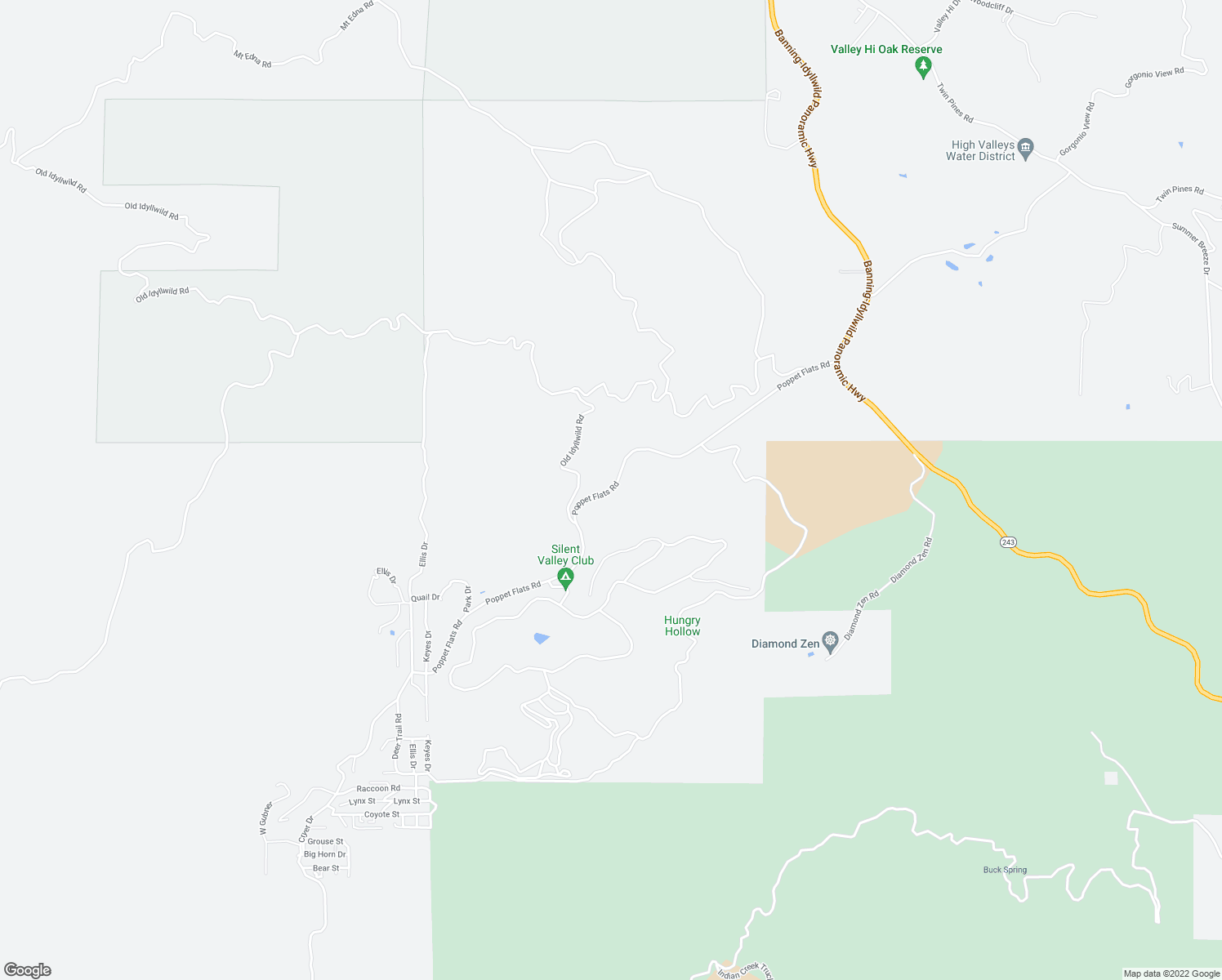 map of restaurants, bars, coffee shops, grocery stores, and more near Poppet Flats Road in Riverside County