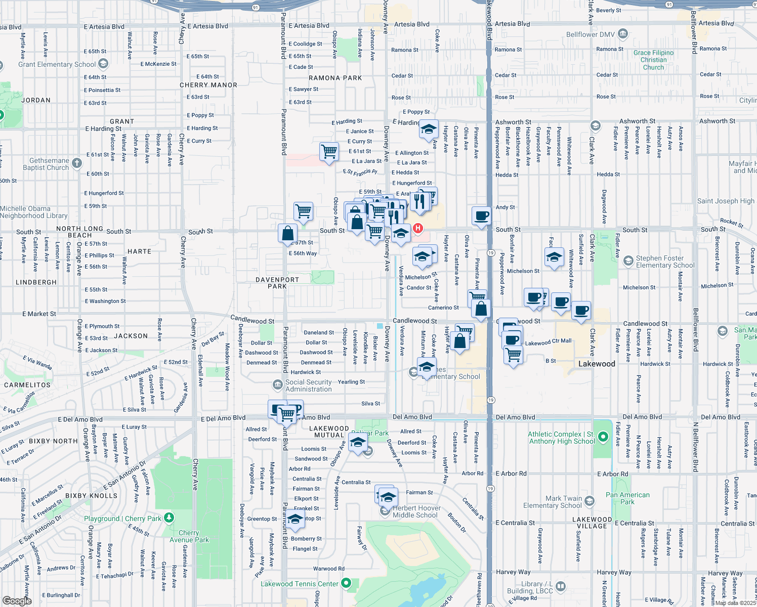 map of restaurants, bars, coffee shops, grocery stores, and more near 5423 Chambers Court in Lakewood