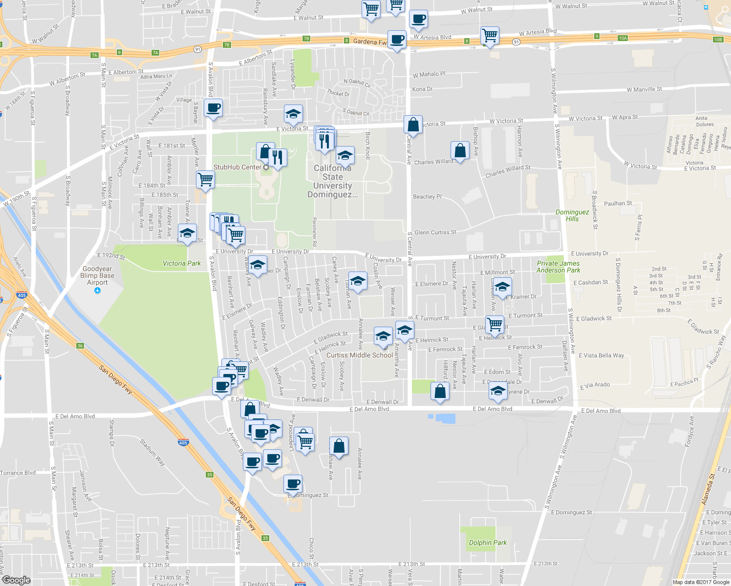 map of restaurants, bars, coffee shops, grocery stores, and more near 1115 East Kramer Drive in Carson