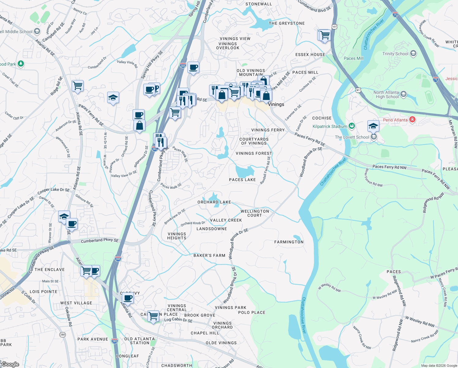 map of restaurants, bars, coffee shops, grocery stores, and more near 2847 Paces Lake Dr in Atlanta