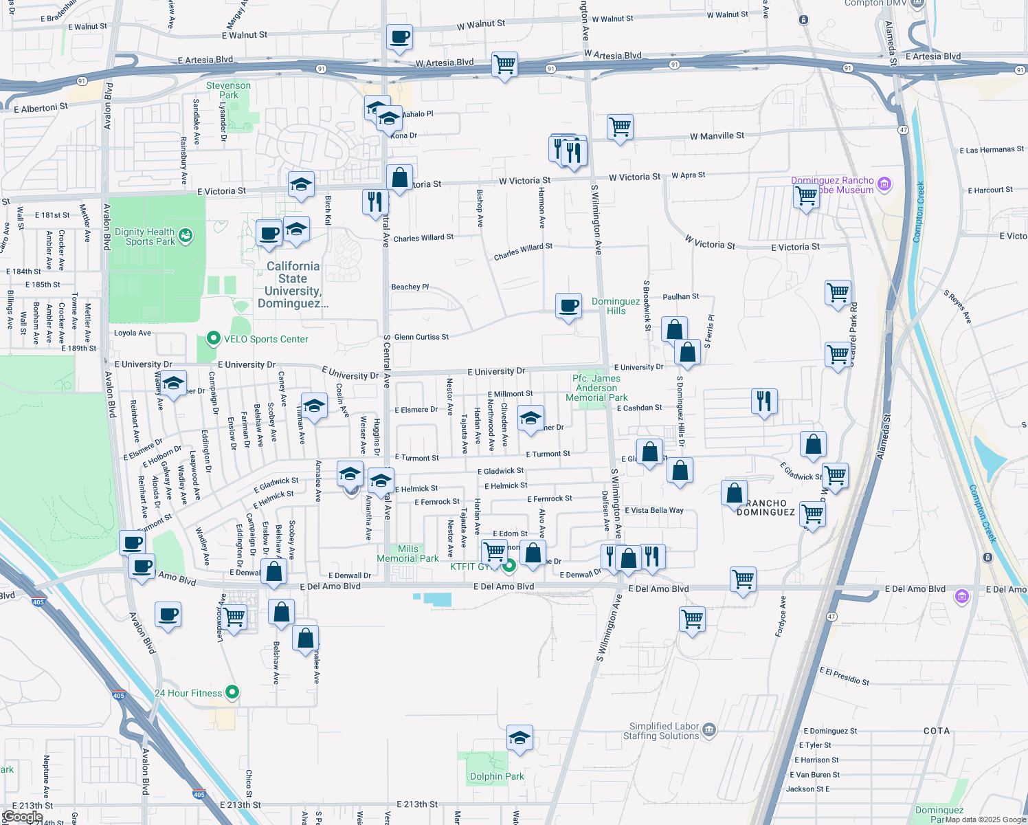 map of restaurants, bars, coffee shops, grocery stores, and more near 19233 Broadacres Avenue in Carson