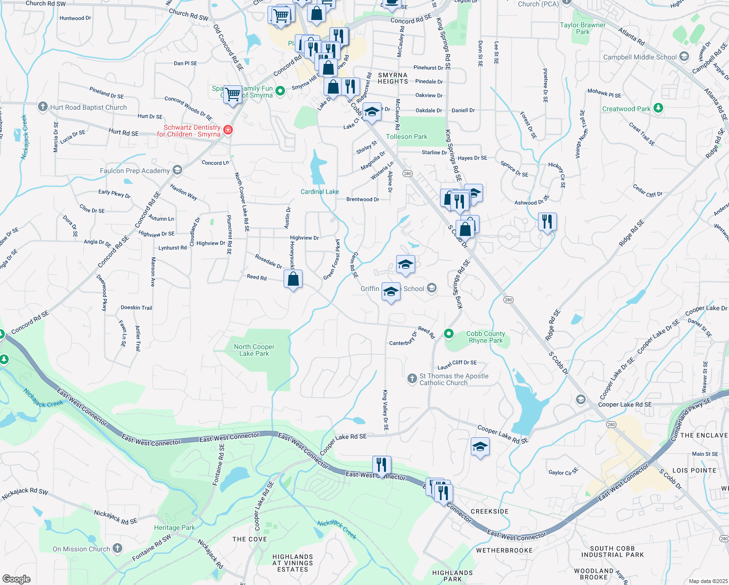 map of restaurants, bars, coffee shops, grocery stores, and more near 944 Hidden Falls Lane in Smyrna
