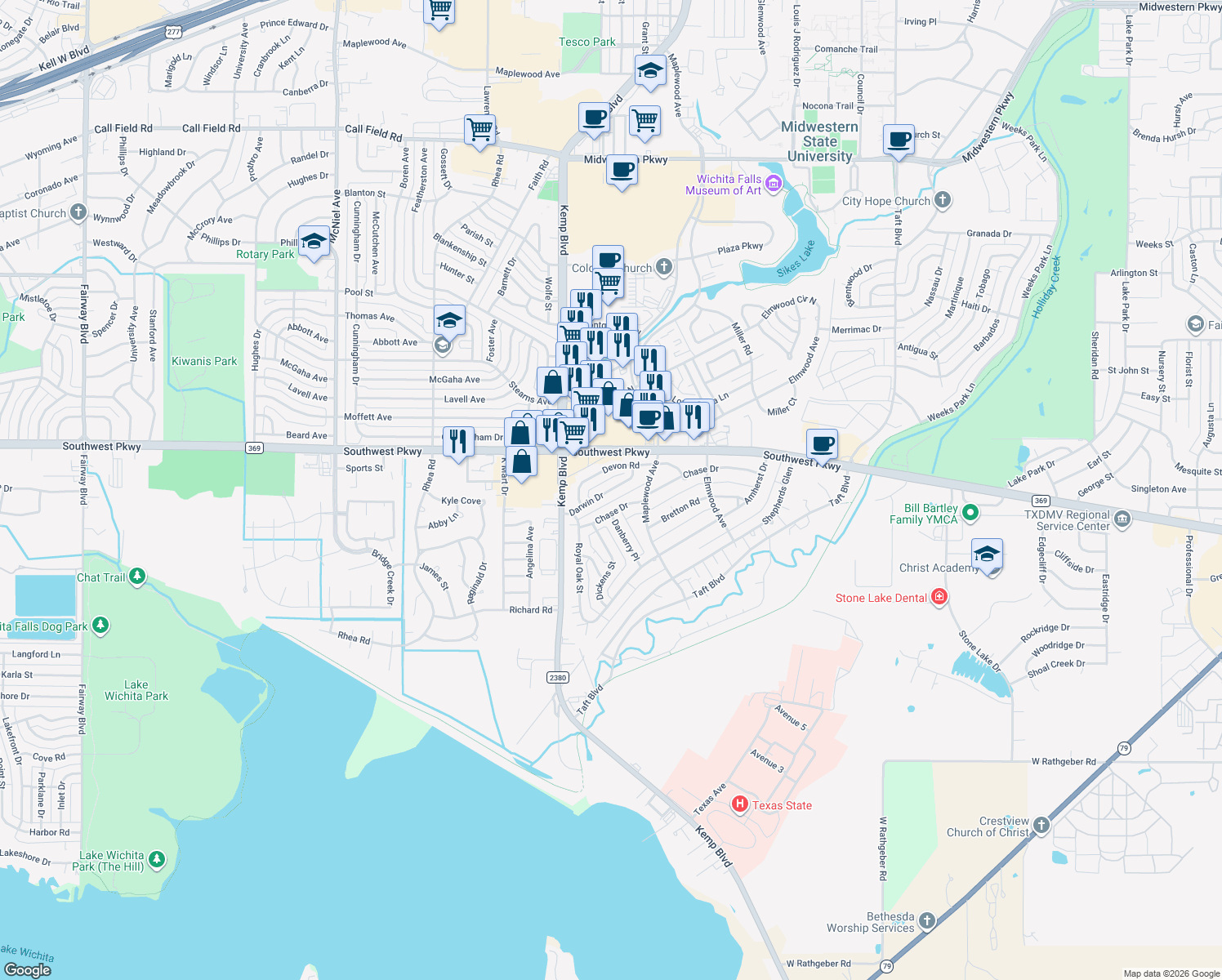 map of restaurants, bars, coffee shops, grocery stores, and more near 2708 Darwin Drive in Wichita Falls