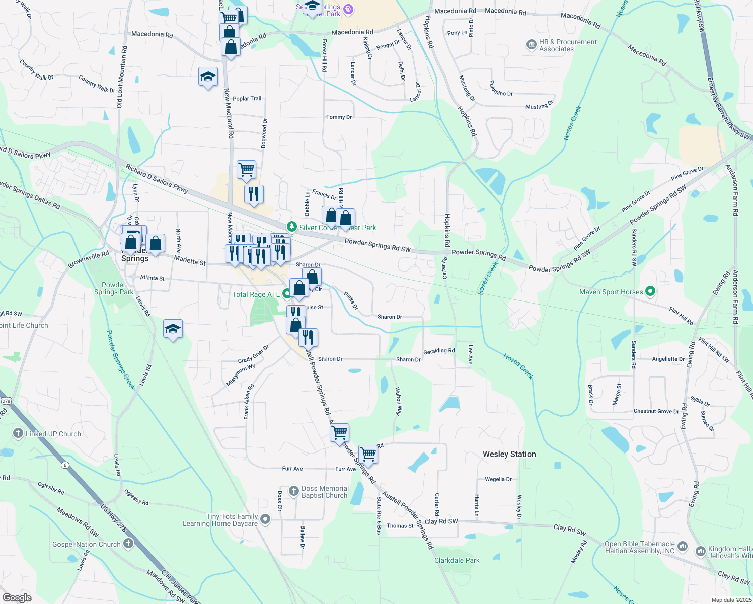 map of restaurants, bars, coffee shops, grocery stores, and more near 3698 Sharon Drive in Powder Springs