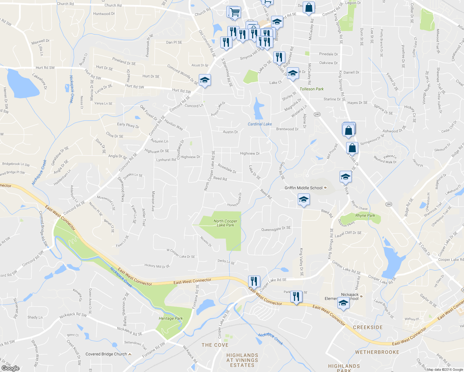 map of restaurants, bars, coffee shops, grocery stores, and more near 680 North Cooper Lake Road Southeast in Smyrna