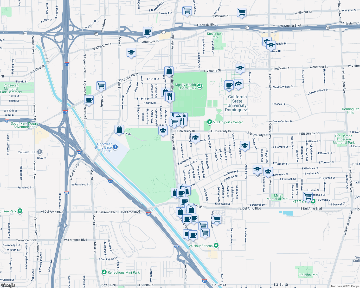map of restaurants, bars, coffee shops, grocery stores, and more near 19215 Reinhart Ave in Carson