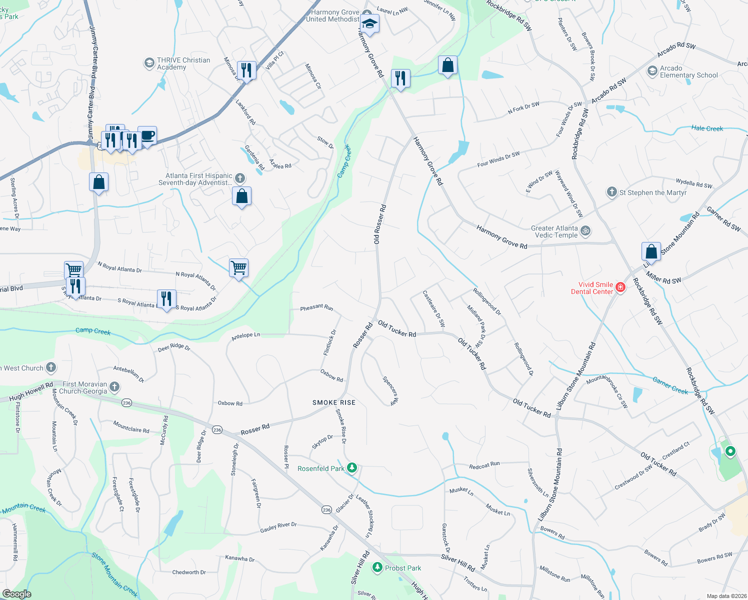 map of restaurants, bars, coffee shops, grocery stores, and more near 383 Old Rosser Rd in Stone Mountain