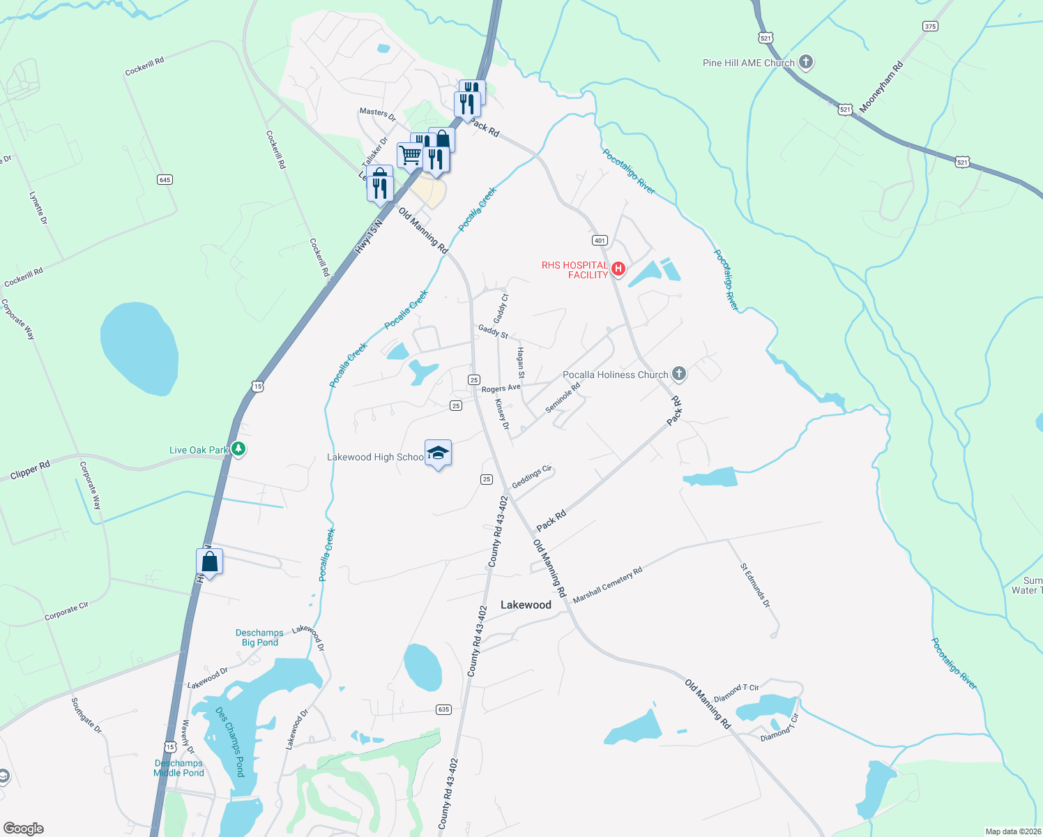 map of restaurants, bars, coffee shops, grocery stores, and more near 345 Seminole Road in Sumter