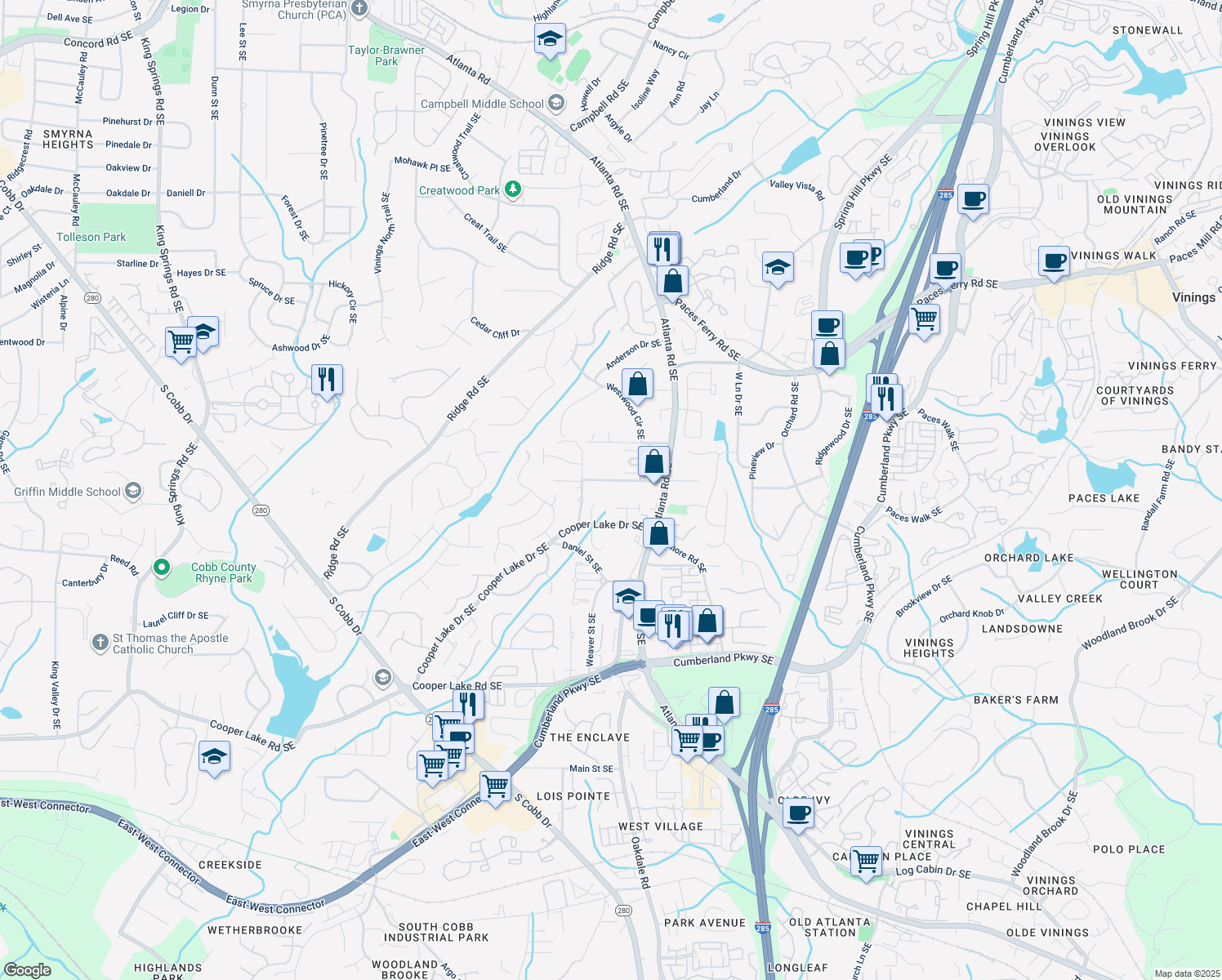 map of restaurants, bars, coffee shops, grocery stores, and more near 2038 Lee Rd SE in Smyrna