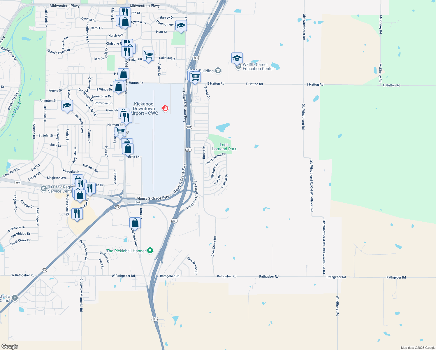 map of restaurants, bars, coffee shops, grocery stores, and more near 228 Dirks Drive in Wichita Falls
