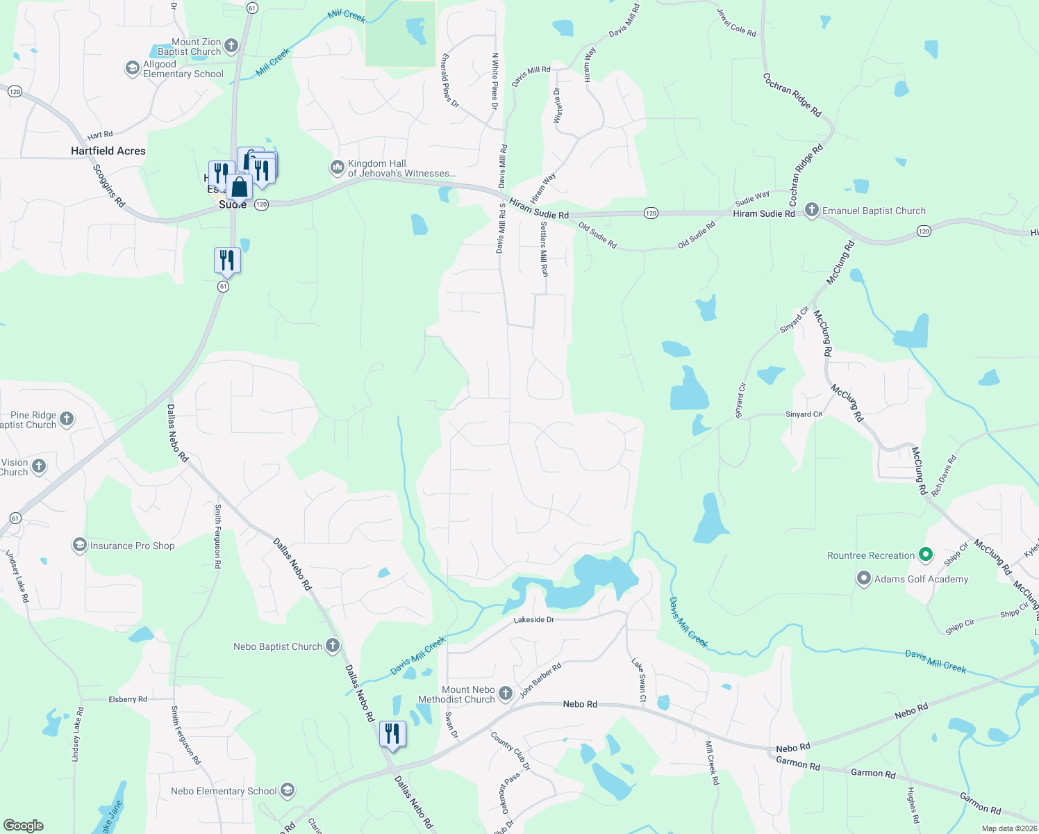 map of restaurants, bars, coffee shops, grocery stores, and more near 33 Davis Mill Drive in Dallas
