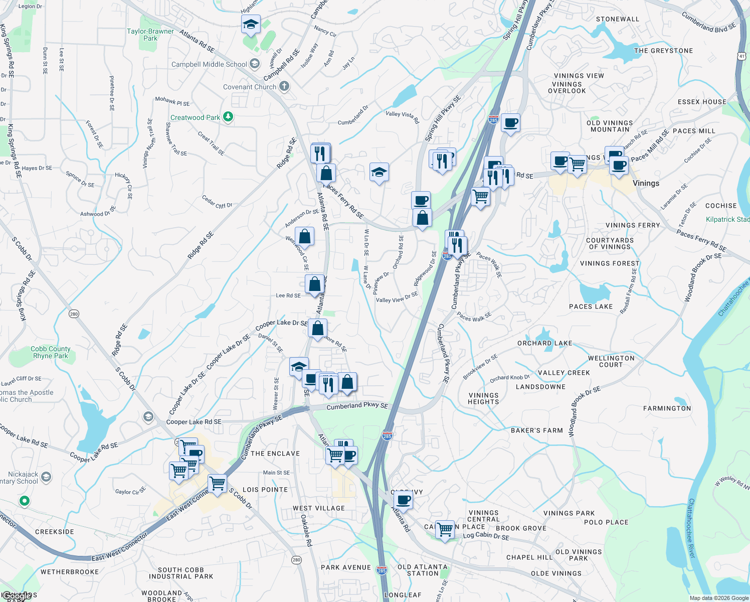 map of restaurants, bars, coffee shops, grocery stores, and more near 3980 Pineview Drive in Smyrna