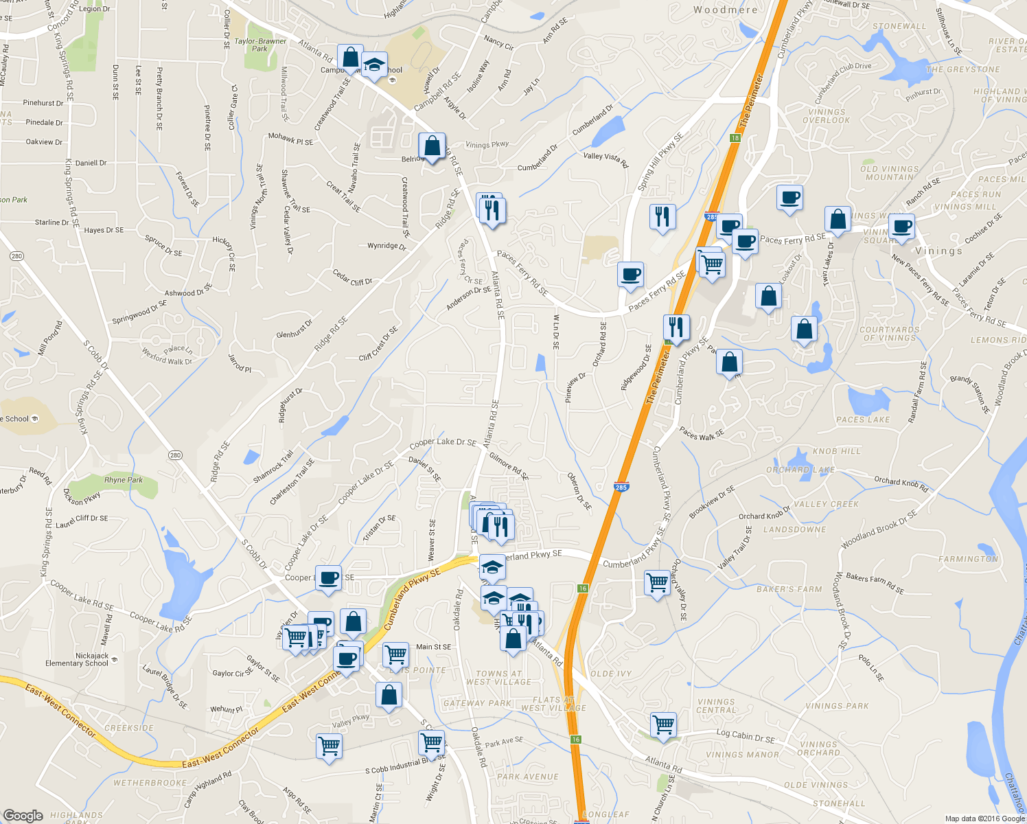map of restaurants, bars, coffee shops, grocery stores, and more near 2180 Lee Road Southeast in Smyrna
