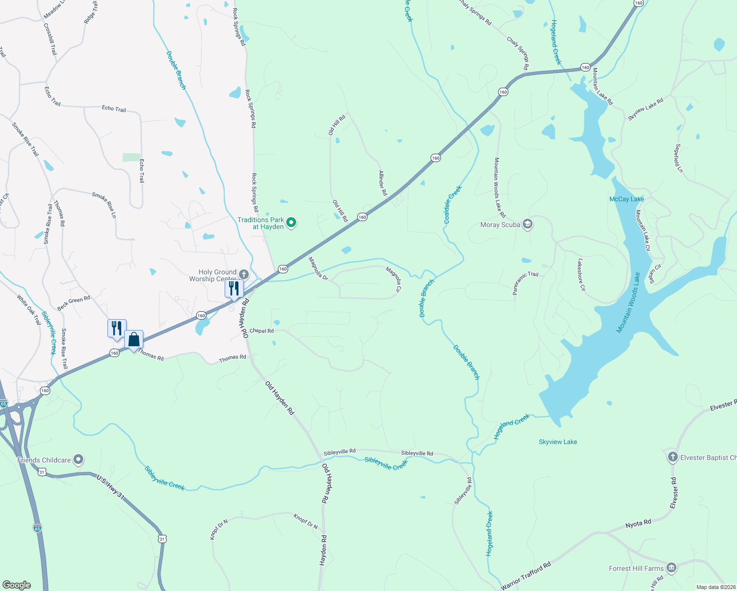 map of restaurants, bars, coffee shops, grocery stores, and more near 632 Magnolia Circle in Warrior