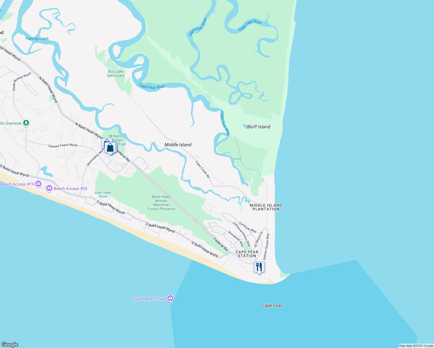 map of restaurants, bars, coffee shops, grocery stores, and more near 7 Dogwood Ridge Road in Bald Head Island