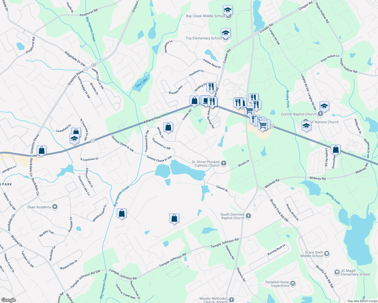 map of restaurants, bars, coffee shops, grocery stores, and more near 3021 Brooks Drive in Snellville