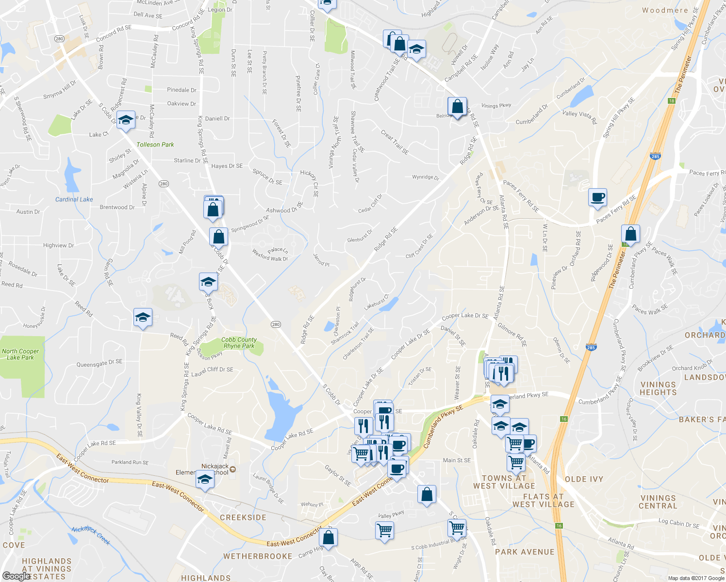 map of restaurants, bars, coffee shops, grocery stores, and more near 4441 Langdon Walk in Smyrna