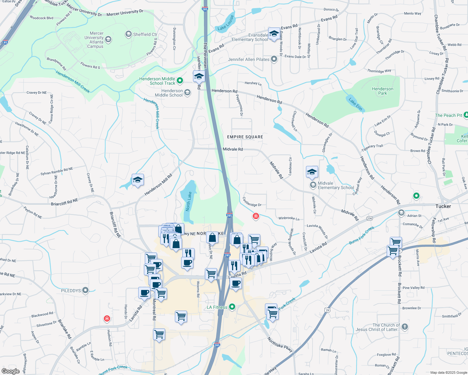 map of restaurants, bars, coffee shops, grocery stores, and more near 3490 Castlehill Court in Tucker