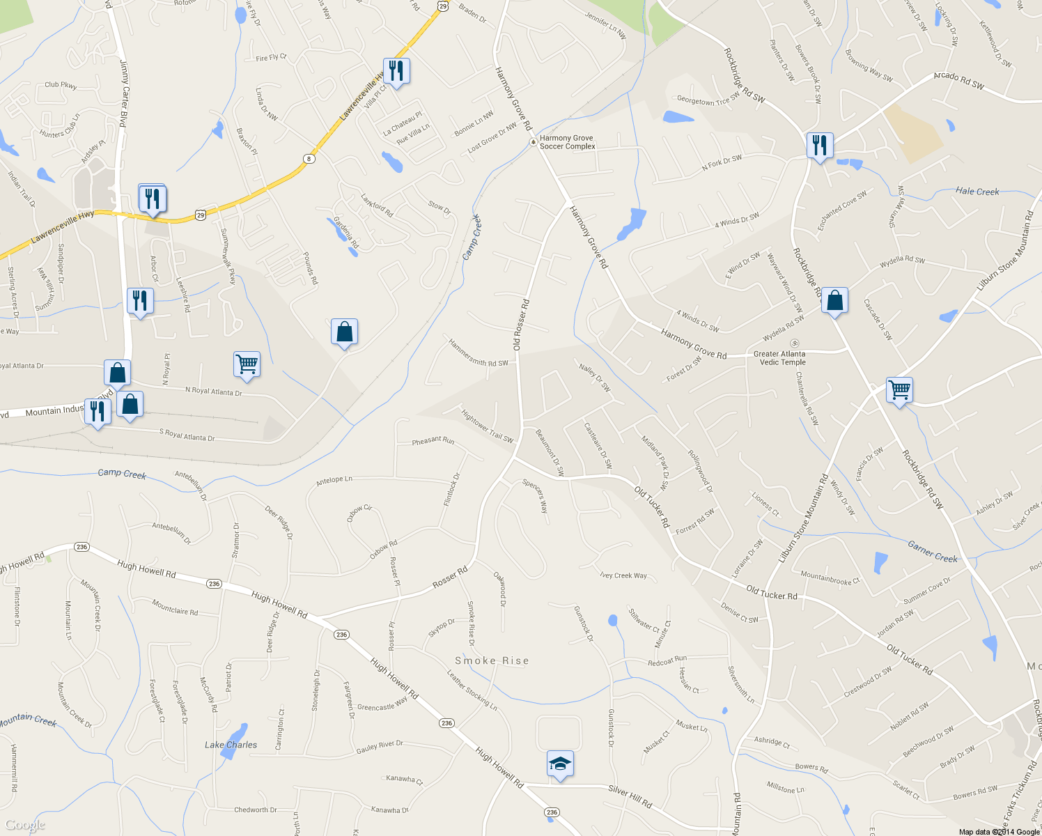 map of restaurants, bars, coffee shops, grocery stores, and more near 373 Old Rosser Road in Stone Mountain