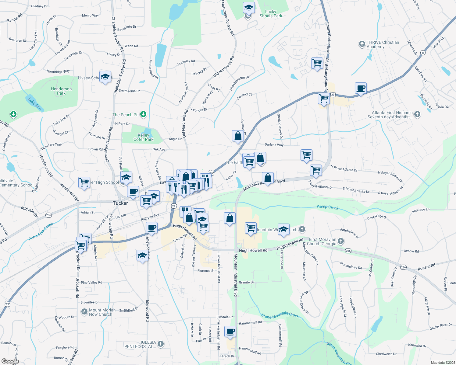 map of restaurants, bars, coffee shops, grocery stores, and more near 4608 Wynbury Ct in Tucker