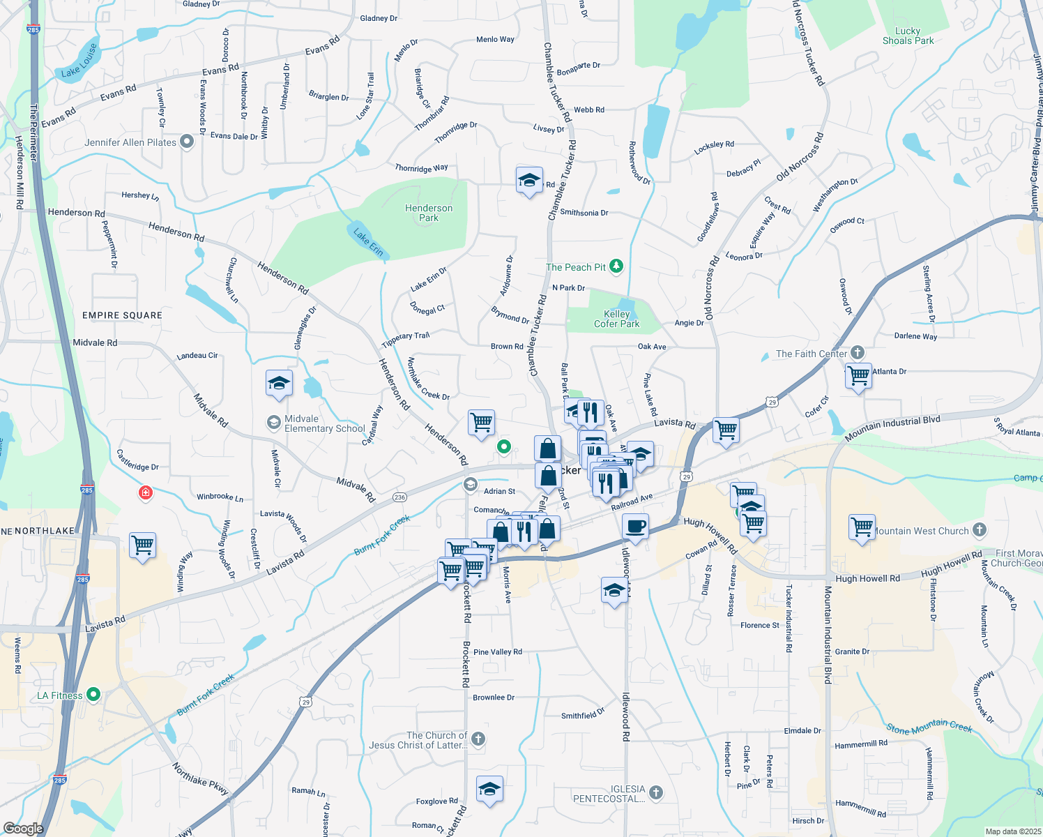 map of restaurants, bars, coffee shops, grocery stores, and more near 4128 Morgan Road in Tucker