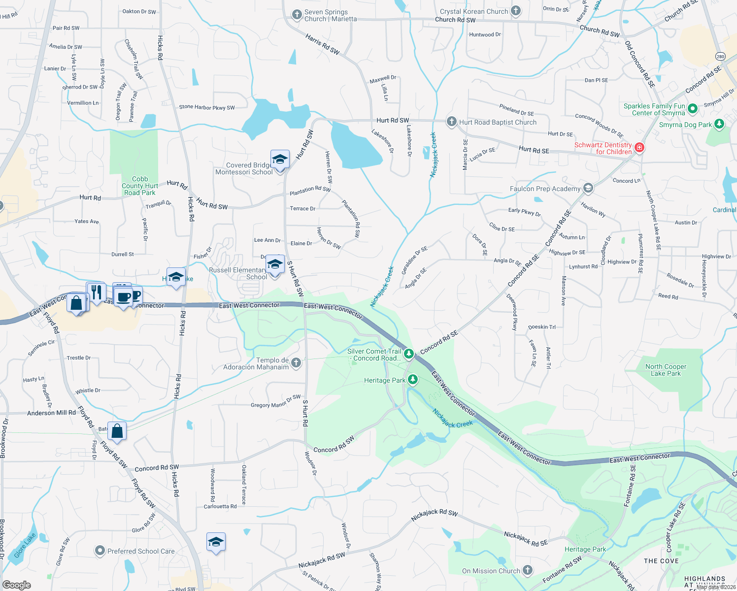 map of restaurants, bars, coffee shops, grocery stores, and more near 314 Covered Bridge Place Southwest in Smyrna