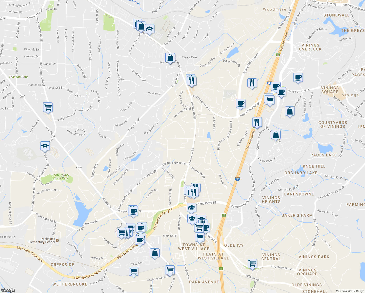 map of restaurants, bars, coffee shops, grocery stores, and more near 3982 Central Garden Court in Smyrna
